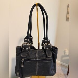 Tignanello - vintage deep blue pebbled leather double handle shoulder bag 11x7